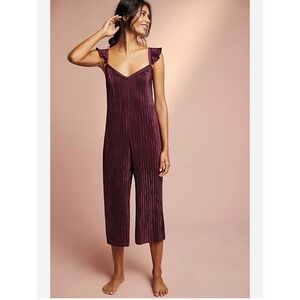 Floreat Anthropologie Plum Velvet Plunge Neck Ruffle Strap Wide Leg Jumpsuit M